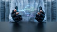 Businessman hands protecting holographic brain with network connections in modern data center representing artificial intelligence and neural technology solutions.