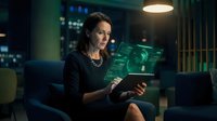 Middle-aged woman with dark hair and olive complexion, wearing black professional attire and pearl necklace, examining digital tablet displaying green circuit board interface in modern tech office environment at night.