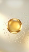 Golden oil bubble floating with sparkling droplets on cream background for skincare and cosmetic product advertising campaigns.