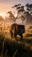 Tasmanian devil in natural habitat during golden hour sunrise with eucalyptus trees and grassland creating atmospheric wildlife scene for conservation awareness.