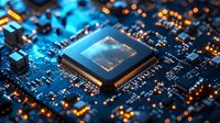 Microprocessor unit on blue circuit board with glowing orange elements and electronic components, macro photography showing technology details.