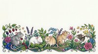 Adorable woodland animals including mice, rabbits and hedgehogs surrounded by colorful flowers, berries and botanical elements in decorative border style.