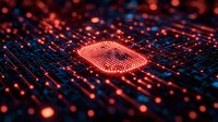Glowing red microprocessor core on circuit board with digital connections and light trails creating futuristic technology network pattern in dark background.