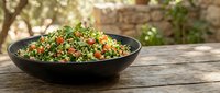 Tabbouleh salad with fresh parsley, tomatoes, and bulgur wheat served in a black bowl on a wooden table outdoors.