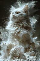 Majestic white long-haired cat with flowing fur surrounded by swirling powder or snow particles against dark background creating dramatic ethereal atmosphere.