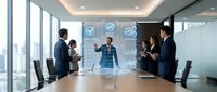 Diverse business team collaborating in modern office conference room with digital interface overlay showing checkmarks and analytics icons for corporate strategy and teamwork projects.