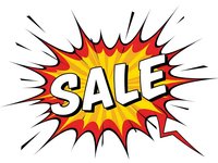 Comic book style sale burst with explosive red and yellow starburst design on white background for promotional marketing and advertising campaigns.