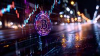 Glowing cryptocurrency symbol with trading chart overlay on wet city street at night, neon lights and bokeh reflections create futuristic urban atmosphere.