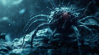 Microscopic view of virus cell in dark blue tones showing detailed structure with spikes and tentacle-like projections against blurred background for medical visualization.