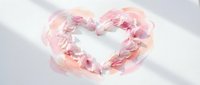 Heart-shaped arrangement of delicate pink rose petals on soft white fabric background for romantic wedding and love concepts.