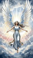 Ethereal female angel with large white wings floating in heavenly clouds with divine light rays. Spiritual guardian concept for religious and fantasy designs.