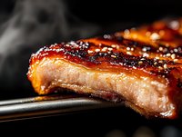 Juicy grilled pork belly with crispy caramelized crust and sea salt on dark background with rising steam, close up macro food photography.