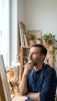 Thoughtful middle-aged Caucasian male artist with beard in denim apron contemplating creative work in bright studio workspace with easel and plants.