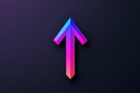 Gradient colored upward arrow symbol in vibrant blue, purple and pink neon colors on dark background, modern minimalist design for business growth concept.