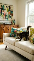 Black tabby kitten standing on cream-colored mid-century modern sofa with colorful floral pillows in bright living room with wooden sideboard and abstract artwork.