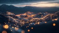 Dreamy nighttime cityscape with glowing orange lights creating bokeh effect against dark mountains, misty clouds and starry sky. For mood and atmosphere designs.