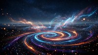 Cosmic spiral galaxy with swirling colorful nebula clouds and bright stars in deep space universe background for astronomy and science fiction projects.