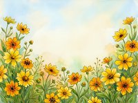 Watercolor yellow wildflowers border frame with soft pastel sky background for spring summer greeting cards and botanical design projects.