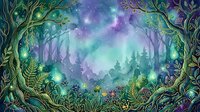 Enchanted forest with glowing lights and magical aurora sky, featuring twisted trees and mystical vegetation for fantasy art, game design, and digital illustration projects.