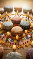 Meditation circle with ornate floor cushions, candles, marigold flowers and oracle cards arranged on wooden floor for spiritual practice and mindfulness.