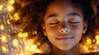 Young African American girl with curly natural hair and closed eyes smiling peacefully against golden bokeh lights background, expressing serenity and joy.