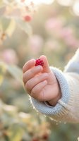 Infant hand holding fresh red raspberry in garden setting with blurred foliage background, capturing childhood exploration and nature discovery moments.