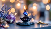 Burning aromatic oil lamp with blue flame on stone surface surrounded by lavender flowers and glowing bokeh lights creates peaceful spa atmosphere.