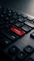 Red cancel key on black computer keyboard with dramatic lighting for business and technology concepts.