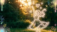 Glowing light trail figure dancing in magical forest with floating hearts and sparkles at golden hour sunset creating enchanting fairy tale atmosphere.