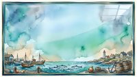 Watercolor coastal village scene with sailing boats in harbor, lighthouse and houses on shore, nautical maritime landscape painting.