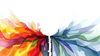 Two human profiles facing each other with vibrant flowing hair in rainbow spectrum colors creating dynamic artistic composition on white background.