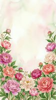 Watercolor peony flowers frame with soft pastel background for wedding invitations, greeting cards, and romantic design projects.