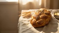 Fresh baked challah bread with sesame seeds on linen cloth in warm sunlight, traditional Jewish braided loaf for Shabbat dinner and holidays.