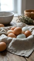 Fresh farm eggs in linen cloth on rustic wooden table with ceramic bowls and dried herbs creating cozy kitchen atmosphere for cooking and baking.