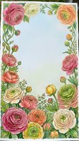Watercolor ranunculus flower frame border with pink, orange, yellow blooms and green leaves on light background for wedding invitations and greeting cards.