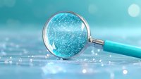 Magnifying glass with sparkling turquoise glitter creates magical bokeh effect on dreamy blue background for creative design projects.