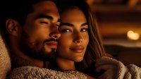 Romantic multiethnic couple in warm evening light, Hispanic man and African American woman embracing in cozy sweaters, intimate moment with soft bokeh background.