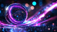 Glowing neon sphere with purple light trails and bokeh effects on dark background creates futuristic cosmic atmosphere for technology designs.