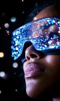 Young African American woman wearing futuristic glowing glasses with blue sparkles and bokeh effects against dark background, close-up portrait showing lips and nose.