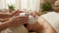 Professional spa facial treatment with white clay mask being applied by therapist hands in serene wellness center with natural lighting and plants.