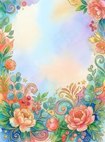 Watercolor floral frame with peonies, berries, and golden swirls on a pastel background, perfect for greeting cards and invitations.