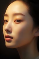 Young Asian woman with flawless skin and subtle makeup in soft dramatic lighting against dark background, profile view capturing ethereal beauty and elegance.