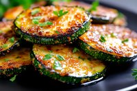 Grilled zucchini slices garnished with fresh herbs and seasonings on black plate, close up view showing caramelized edges and golden-brown surface texture.