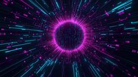 Futuristic neon tunnel with glowing pink and cyan light rays radiating from central circle on dark background for digital technology designs.