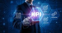 Professional businessman touching KPI key performance indicator interface with digital icons showing strategy, data analysis, goals and teamwork metrics.