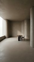 Minimalist concrete interior space with cylindrical column, single wooden stool, and natural light from window. Suitable for architectural visualization, interior design concepts, and modern gallery presentations.