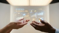 Business professional analyzing holographic data visualization with KPI metrics and growth charts floating between hands in modern office environment.