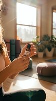 Young blonde woman applying essential oil from small bottle in sunny living room with plants and warm natural lighting for wellness and aromatherapy routine.
