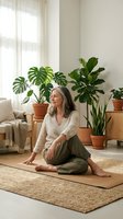 Mature woman practicing yoga meditation at home surrounded by green houseplants in bright living room for wellness and mindfulness lifestyle.