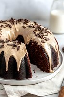 Chocolate bundt cake with creamy mocha glaze dripping down sides, topped with chocolate shavings, slice removed showing moist interior on white plate.